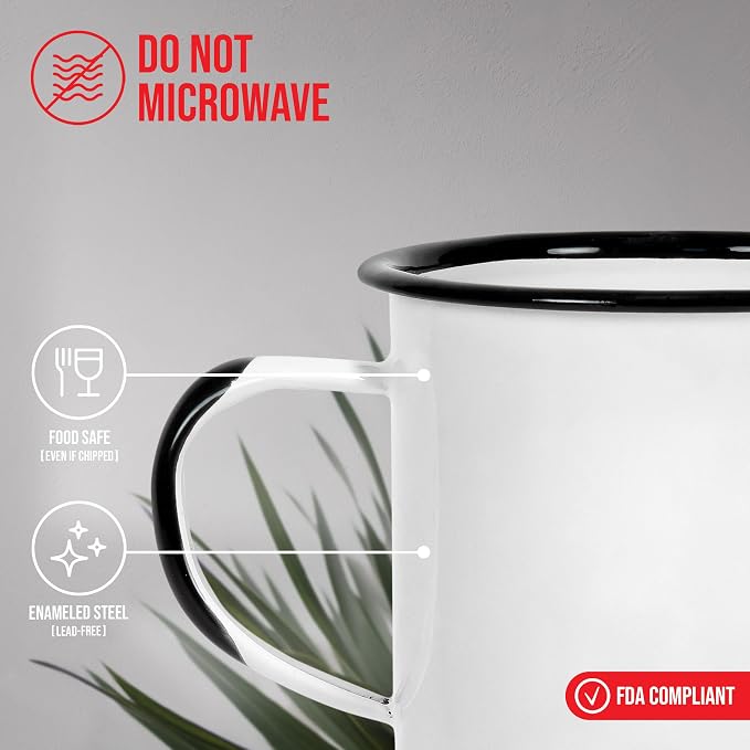 Red Co. Set of 6 Enamelware Metal Medium Classic 12 Oz Round Coffee and Tea Mug with Handle, Distressed White/Black Rim