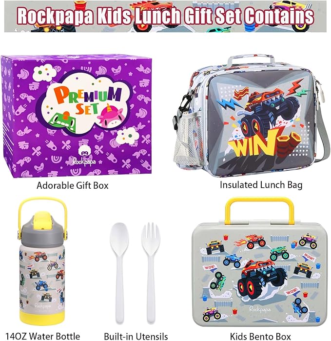 rockpapa Kids Lunch Box Set with 14oz Insulated Water Bottle & Lunch Bag, Leakproof 5.5 Cups Bento Box for School & Children, BPA-Free, Microwave Safe for Boys Girls (Grey Trucks)