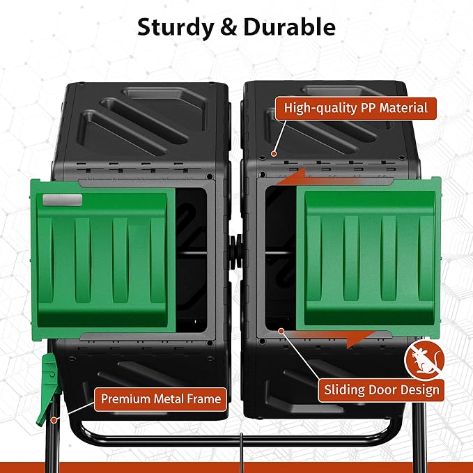 Compost Bin Outdoor, 2 Separate Tumbling Chambers, 37Gal Lagre Compost Tumbler with Sliding Door and Aeration System, 360° Rotating, Tumbling Composter Bin for Kitchen, Garden, Yard, Black Green