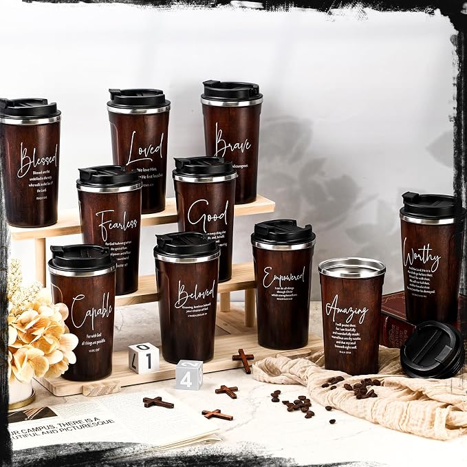 Meanplan 10 Set Christian Church Gift Bible Verse Tumbler Bulk 17oz Coffee Cup Religious Inspirational Tumbler for Women Men Friend Church Member Grandparents Pastor Clergy(Wood, Bible Words Theme)