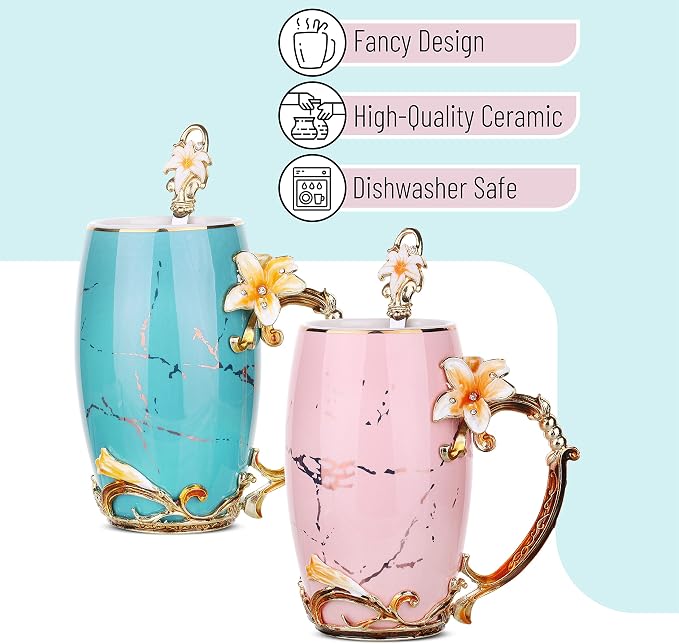 BTaT- Floral Ceramic Mugs with Spoon, Set of 2, Pink and Blue, Fancy Coffee Mugs with Spoon