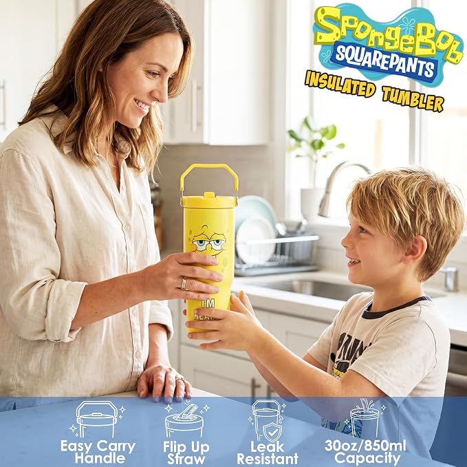 Get Trend SpongeBob SquarePants 30oz Tumbler with Handle and Straw, Kids Stainless Steel Insulated Water Bottle, BPA-Free, Leak-Proof, Cold for 12h, Hot 5h, Gifts for Boys Girls (Yellow SpongeBob)