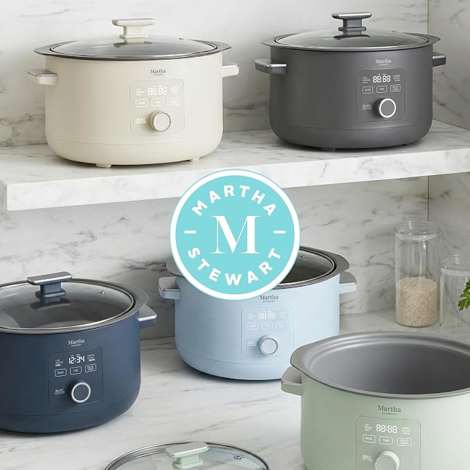 Martha Stewart 8 QT Slow Cooker, Programmable with Timer, 3 Heat Settings (Low, High, Warm), Nonstick Ceramic Removable Crock, Stovetop & Oven Safe, Glass Lid, Simmer, Reheat, Warm, Indigo