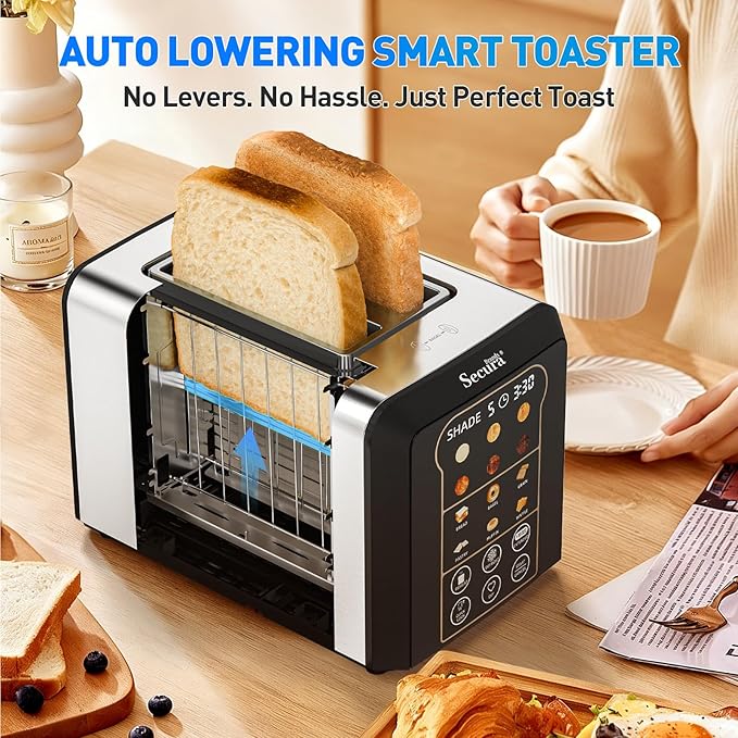Secura Brands 2 Slice Automatic Toaster, Touch Screen Smart Toaster with Digital Timer, 6 Bread Types, 6 Browning Levels, Reheat/Defrost, +10s Extend, Custom Memory Settings for Home, RV, Office