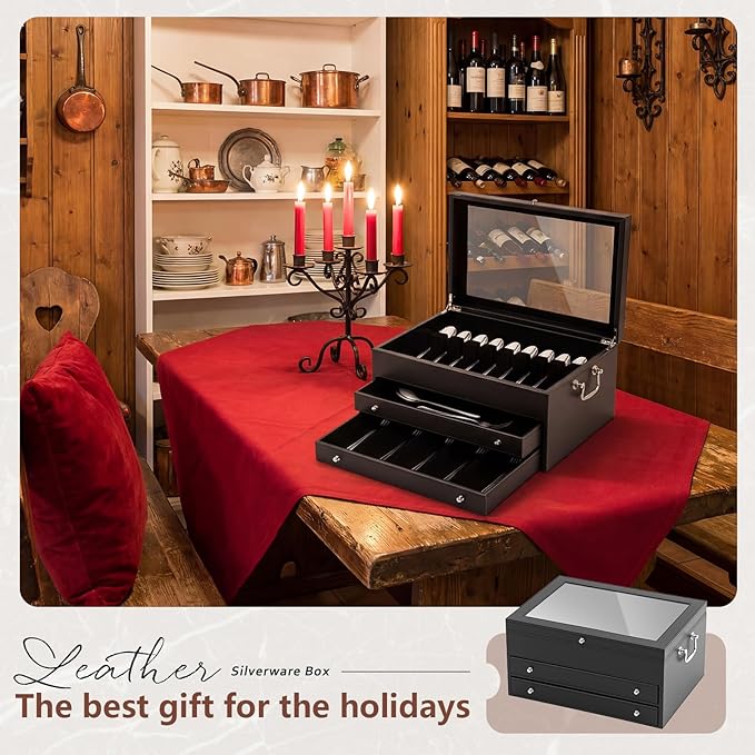 DoubleFill 3 Layer Leather Silverware Storage Box with Lid and Handles, Anti Tarnish Silverware Storage Chest Case with Felt-lined for 12-16 or More Sets of Utensils Flatware Gifts, 15.3x11.2x9 Inch