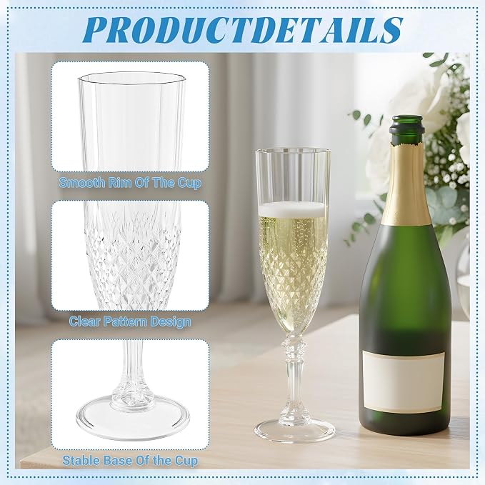 Plastic Champagne Flutes, Champagne Glasses Bulk, Reusable Unbreakable Acrylic Wine Glasses Goblets for Weddings Bachelor Parties Toasting Bridal Shower (12,Transparent)