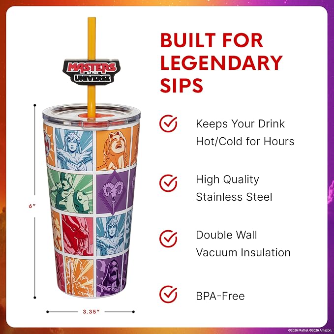 Dragon Glassware x Masters of the Universe (MOTU) Vacuum Insulated Stainless Steel Tumbler - 16 oz with Straw Charm - Official 2026 Movie Merch - Mystery