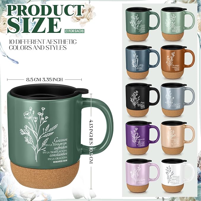 Jingmore 10 Pcs Christian Gift Bulk Religious Mugs with Bible Verse Coffee Cup 15oz for Teacher Nurse Women Men Church Member Employee Mom Dad Clergy Pastor(Boho Flower, Spanish)