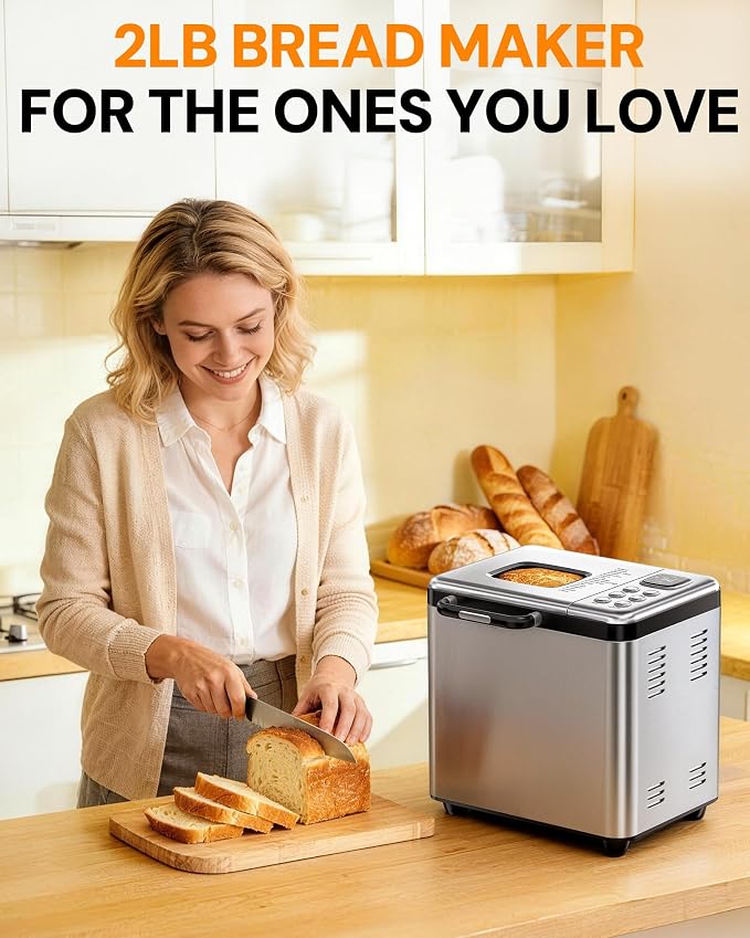 Bread Maker, 2LB Stainless Steel Bread Machine, 17-in-1 Automatic Settings, Non-Stick Pan, Beginner-Friendly Controls, Easy to Clean, Low Noise, High Success Rate for Homemade Bread