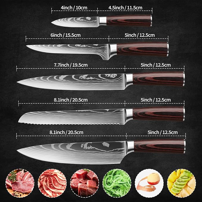 5-Piece Premium Japanese Kitchen Knife Set - Star Collection, Laser Damascus Pattern, 440A Stainless Steel Ultra Sharp for Fast Cutting (Redwood 5B)