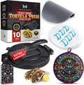 Movaluxe® Tortilla Press 10 Inch Cast Iron XL – Corn & Flour Roti Maker Machine Heavy Duty Tortillera Presser. With Parchment Paper, Warmer Pouch, Taco Holders, Rubber Mat & Digital Culinary Guide