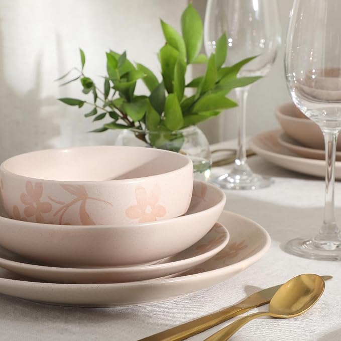 Gibson Home Admiral Hall Plates and Bowls Set, 16-Piece Floral Dinnerware Set, Pink Stoneware Dish Set, Dinner Plates, Salad Plates, Pasta Bowls & Cereal Bowls