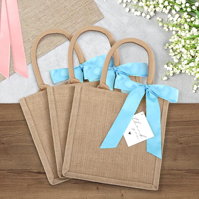 6 Pack Burlap Tote Bags with Handles Reusable Small Jute Gift Bags with Blue Silk Ribbons Waterproof Lining for Wedding Bridesmaid Mother's Day Bachelorette Beach Party