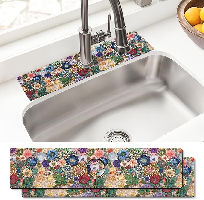 Sink Faucet Absorbing Mat, 2 Pack Drying Mat Around Faucet Sink Splash Guard Behind Faucet Sinkmat For Kitchen Bathroom Island Rv 24 * 5.5 Inch (60 * 14 cm)