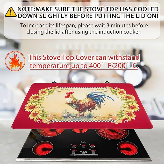 Farmhouse Rooster Stove Top Covers for Electric Stove 20x28 Inch Farmhouse Heat Resistant Glass Top Stove Cover Washable Foldable Cooktop Protector