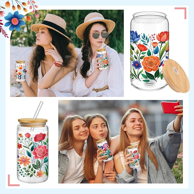 Mumufy 4 Pack Wildflower Glass Cups Gift Aesthetic Cute Glass Cup Tumbler Flower Iced Coffee Mugs 16 oz with Bamboo Lid & Straw, for Wedding Birthday Bridesmaid Mom Baby Shower