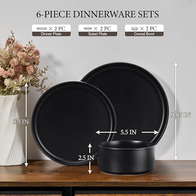 E-far Stoneware Dinnerware Sets for 2, 6-Piece Plates and Bowls Sets, Chip & Scratch Resistant Ribbed Dish Set for Home Restaurant, Microwave & Dishwasher Safe, Matte Black