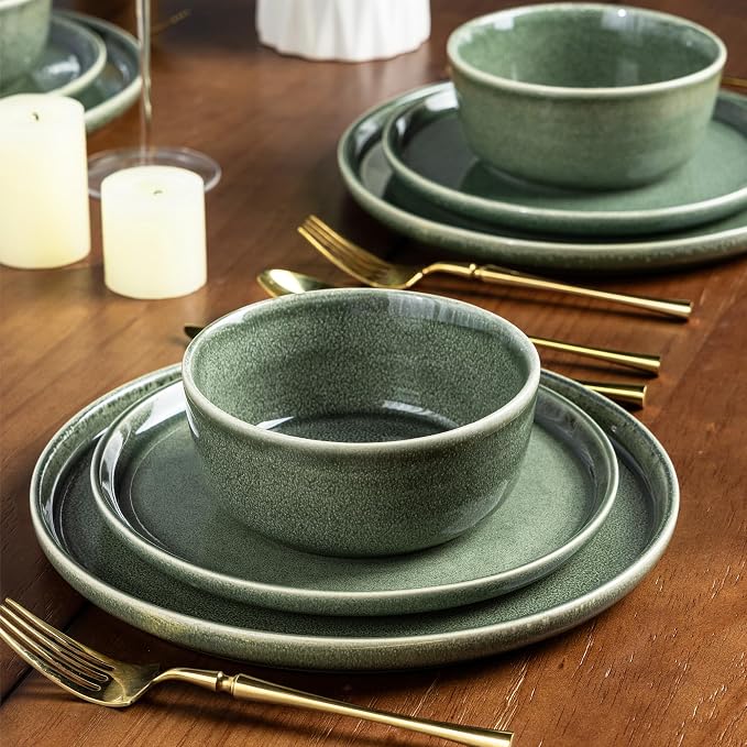 AmorArc Stoneware Dinnerware Sets for 4,Round Reactive Glaze Ceramic Plates and Bowls Set,Highly Scratch Resistant | Dishwasher & Microwave Safe Dishes Set,Service for 4 (12pc)