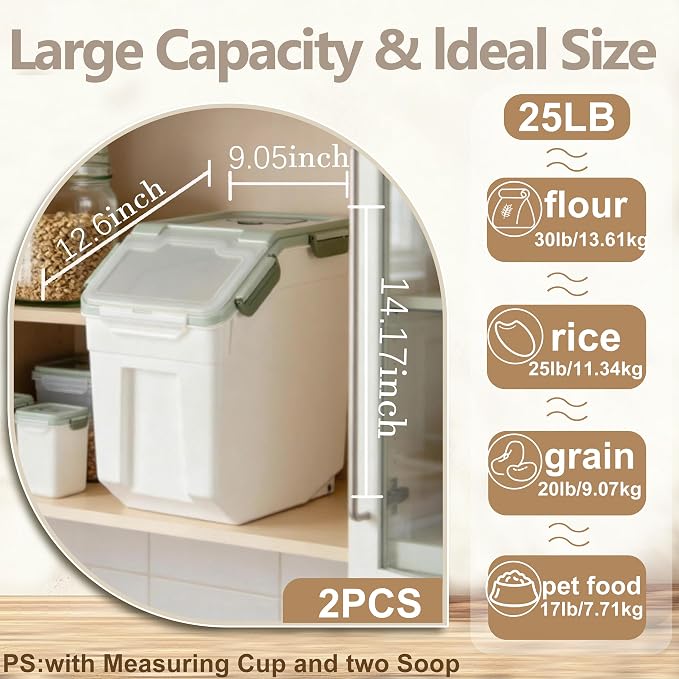 RUIAN Large Airtight Storage Container,25lb Flour Rice Storage Containers Bin with Wheels Seal Locking Lid, with Measuring Cup&Scoop for Flour, Rice, Grain100LBS Total(Green, 4PCS)
