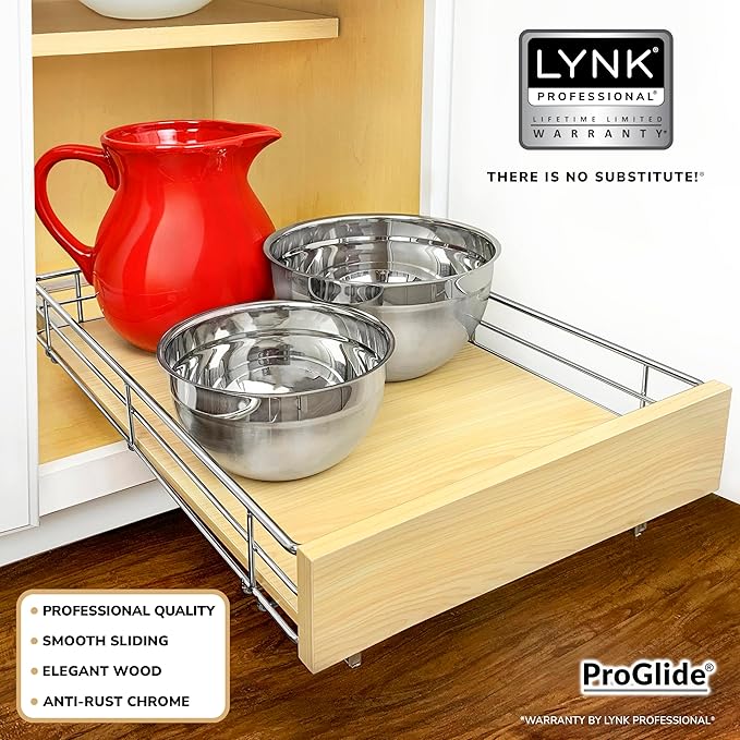 LYNK PROFESSIONAL® SELECT™ Slide Out Cabinet Organizer Pull Out Drawer, 14" x 21" Pull Out Cabinet Organizer – Pull Out Shelves for Kitchen Cabinets – Roll Out - Lifetime Ltd. Warranty, Wood Chrome