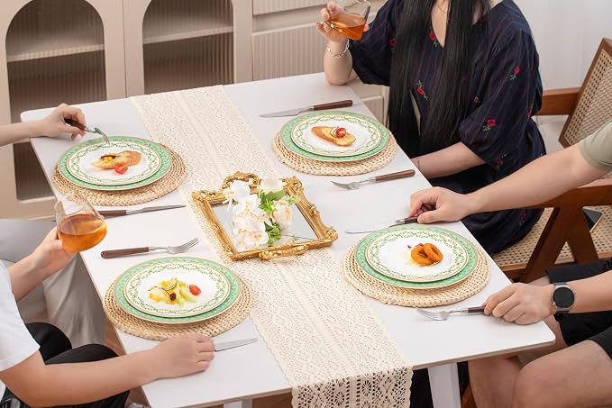 FHGNYSM High Bone China Dinnerware Set, 12-Piece Artistic Green Plates and Bowls, Lightweight & Chip Resistant Ceramic Service for 4, Dishwasher Safe Elegant Kitchen Dining