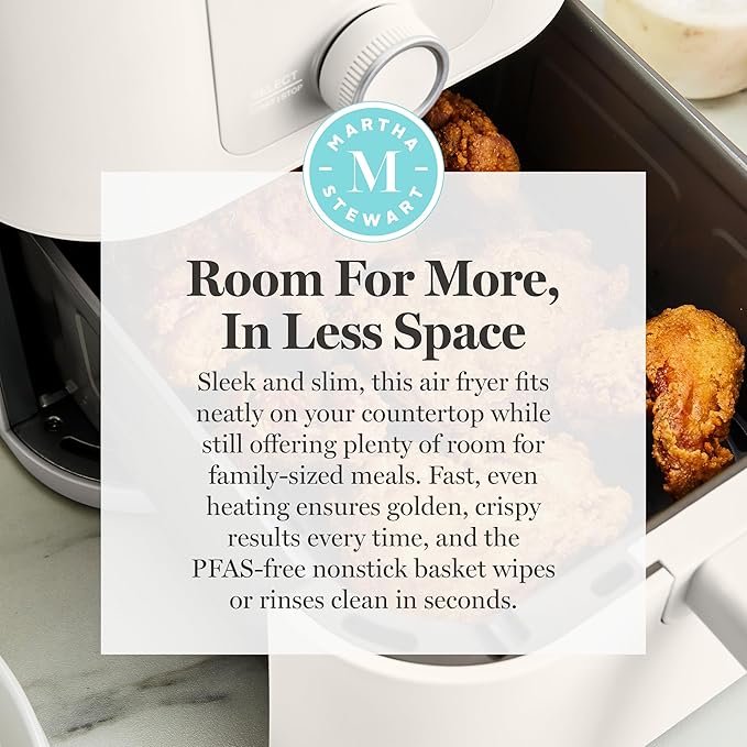 Martha Stewart 6QT Air Fryer, 6-in-1, Bake, Broil, Roast, Air Fry, Dehydrate, Reheat, Ceramic Non-Stick Basket, Crispy Results Fast, 400°F Max Temp, Shake Reminder, Auto Shut-Off, Linen Cream