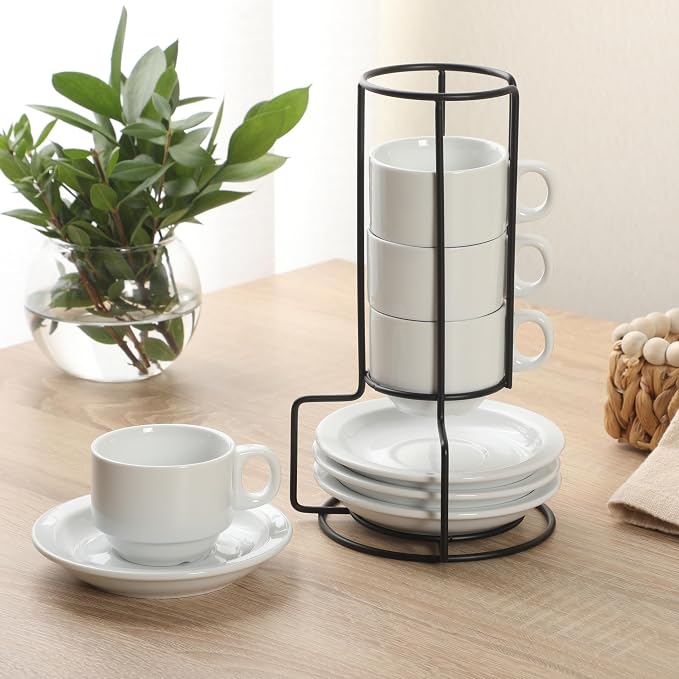 Gibson Home Gracious Dining 3-Ounce Espresso Cups Set of 4, Small Stackable Coffee Cups with 4 Saucers, Metal Stand, Ceramic Demitasse Mugs, Espresso Accessories for Machine