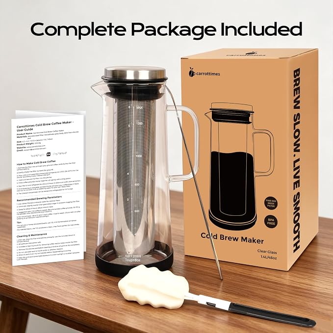 Cold Brew Coffee Maker 48oz/1.4L, Airtight Glass Carafe with Extended Fine Mesh Stainless Steel Filter, Iced Tea & Fruit Pitcher with with Handle and Removable Base
