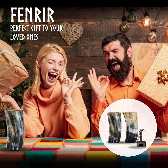 FENRIR Viking Drinking Horn Mug Set of 2 – Gifts for Men, Dad, Husband – Unique Viking Gift – Natural Ox Horn Cup with Opener – For Beer, Ale, Mead (12-13 Oz/Glass)