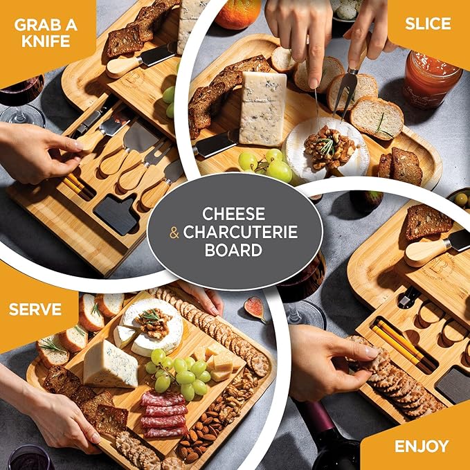 Charcuterie Boards Gift Set - Bambusi Bamboo Cheese Board Set with Serving Tray and Knives, Meat and Cheese Platter for Hosting, Gifts Fot Women, Mom, Wedding, Housewarming, Birthday, Mothers Day