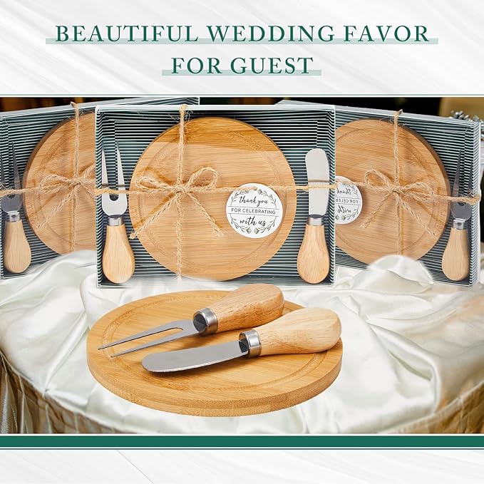 Maxcheck 18 Sets Baby Shower Bridal Game Prizes for Winners Round Cheese Board Set Wood Mini Charcuterie Board with Knives and Forks Thank You Card with Gift Box for Guests Wedding (Bamboo)