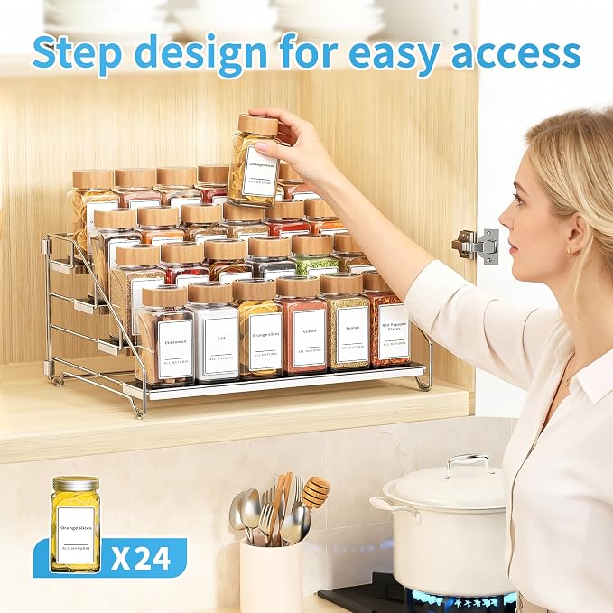 BOIVSHI Spice Organizer, 4 Tier Spice Rack Organizer for Cabinet, Adjustable Depth Spice Shelf for Countertop, Heavy Duty Seasoning Organizer for Cabinet, Counter, Pantry, Cupboard - Chrome,1 Pack