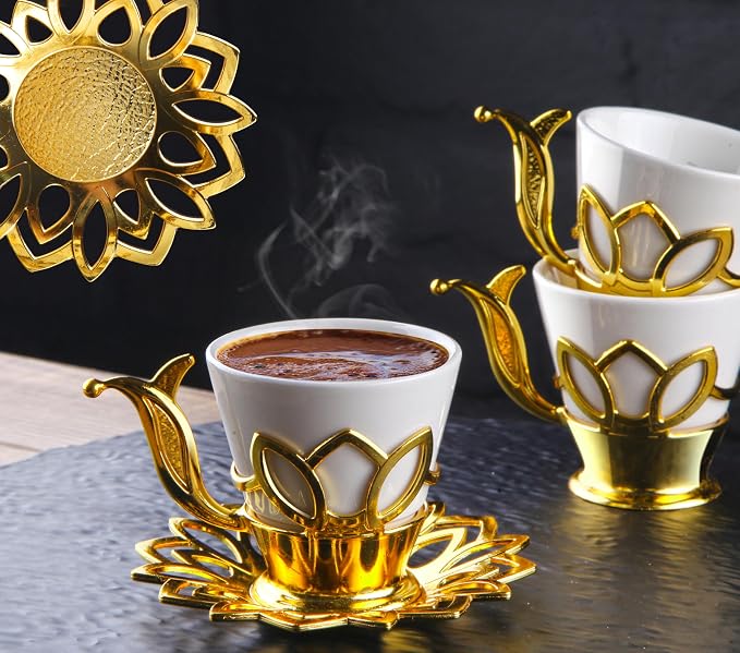 Alisveristime (Set of 6) Turkish Coffee Set with Porcelain Cups, Zamac Holders & Saucers – 80ml Capacity, Ottoman Motif, 4 Color Options (Gold)