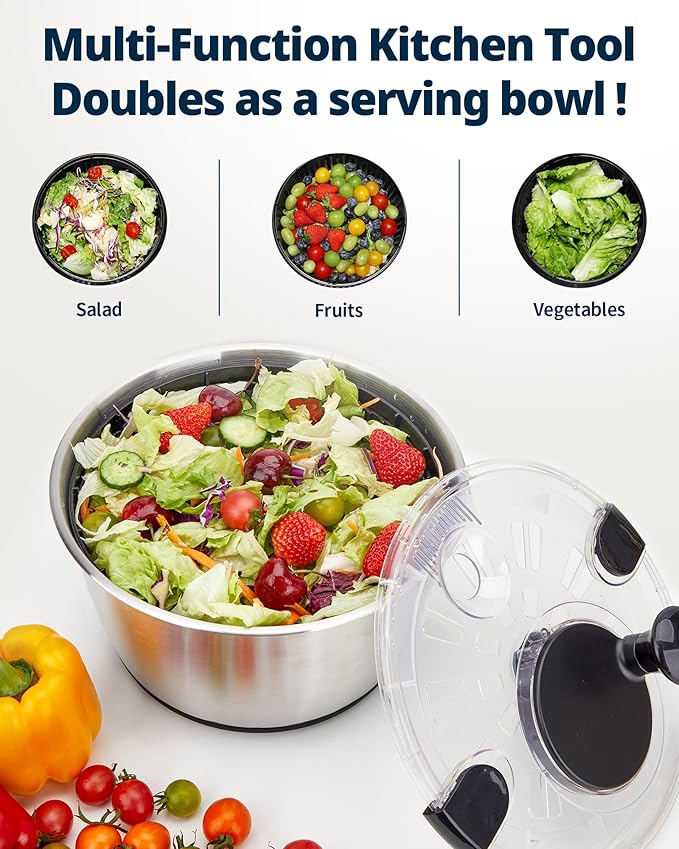 Stainless Steel Salad Spinner, 6.34Qt Large Lettuce Dryer, BPA-Free Vegetable & Fruit Washer with Drain, Easy Clean, Non-Slip Base, Transparent Lid