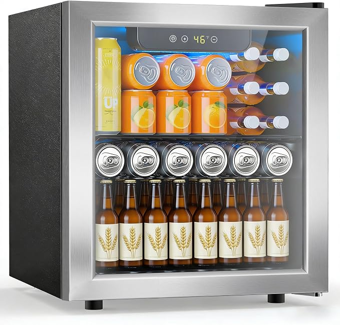 Electactic 48 Can Beverage Refrigerator,12 Bottle Wine Cooler with Seamless Stainless Steel & Glass Door, Digital Temperature Display, Countertop Mini Fridge for Soda, Wine or Beer, Silver