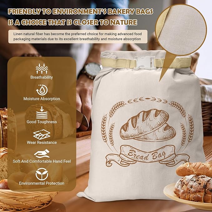 Large Linen Beeswax Bread Bags(2 Pack) Sourdough Bread Bags Reusable Double-Lock Freezer Baking Container Gift Giving for Homemade,Loaf,Sourdough,Food Storage (Plain Colour Patterns)