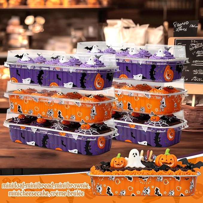 50Pack Halloween Mini Cake Pans Disposable Mini Loaf Pans with Lids and Spoons, 6.8Oz Aluminum Foil Pans Tins, Individual Dessert Cups Containers for Sales,Party,Picnics