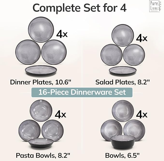 16 Piece Stoneware Dinnerware Set for 4 - Handmade Reactive Glaze Plates and Bowls Set - Chip & Scratch Resistant Dish Set - Dishwasher Microwave Safe - Dark Gray