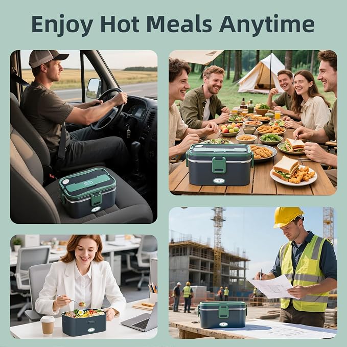 Electric Lunch Box for Adults, 80W Heated Lunch Box For Men, 1.8L 304 Stainless Steel Container, 12V/24V/110V Portable Food Warmer for Car Truck Work & Travel, Lonchera Elctrica (Green)