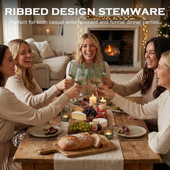 Sage Green Square Wine Glasses Set of 6, Elegant Ribbed Design Green Crystal Glassware with Long Stem, 11.5oz Hand Blown Red & White Wine Stemware For Home Dinner Party Wedding Housewarming Gift