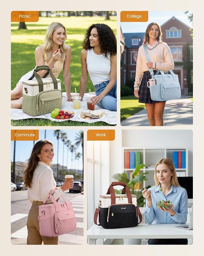 LOVEVOOK Lunch Bag Women, Insulated Wide Opening Adult Lunch Box for Women Work with Cup Holder, Large Lunch Cooler Tote Bag with Utensils Pocket for Office Campus Picnic Beach Mom Nurse Family