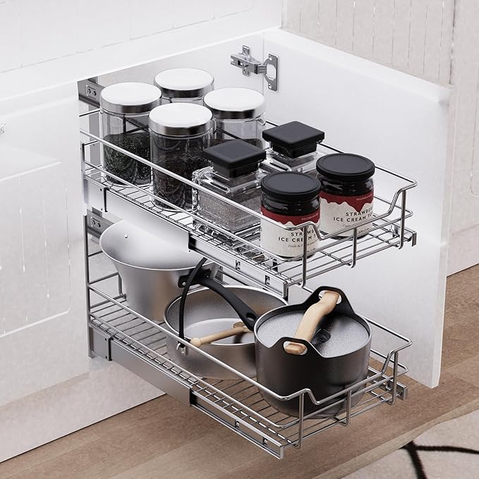 2 Tier Pull Out Cabinet Organizer 20" W X 22" D, Slide Out Drawers For Kitchen Cabinets, Pull Out Drawers For Cabinets Capacity Heavy Duty Caddy, Cabinet Pullout Shelves Chrome-Plated,Bathroom Pantry