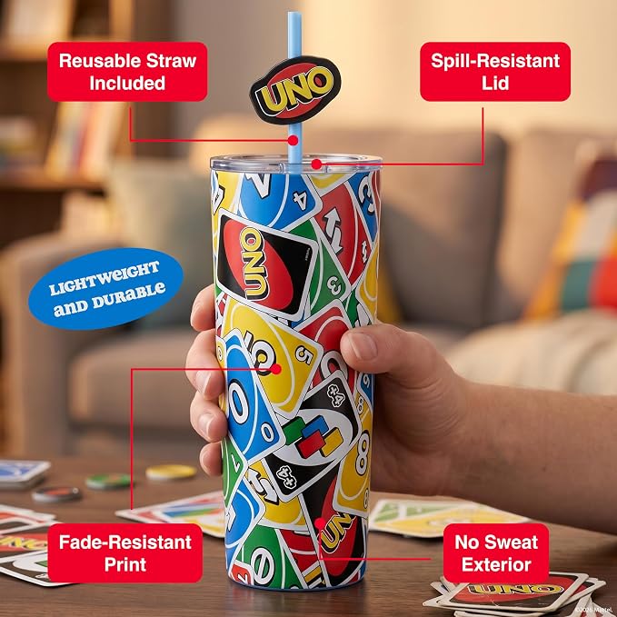 Dragon Glassware x UNO Stainless Steel Tumbler with Straws, 24 oz 2-Pack | Vacuum Insulated Stainless Steel Tumbler with Straws & Lids; Double Walled Tumbler with Straw Topper; Official UNO Merch