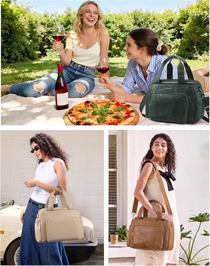 LOVEVOOK Insulated Lunch Bag for Women, PU leather Lunch Box with Shoulder Strap, Wide Opening Adult Large Lunch bags for Work Picnic Beach Family Camping Outdoor Teacher