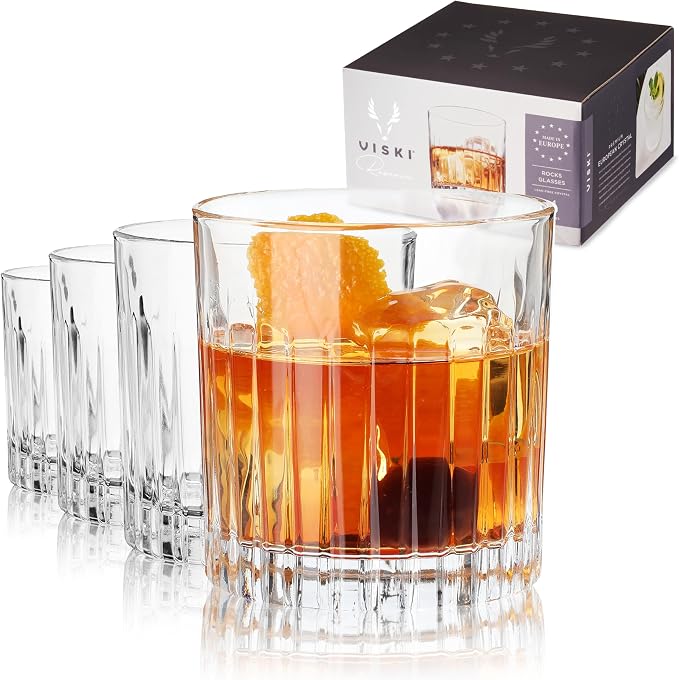 Viski Reserve Milo Crystal Old Fashioned Rocks Glasses, European Crafted Whiskey Glasses for Bourbon, Scotch, Cocktails, Barware Gifts for Men, Man Cave Essentials, Home Bar Glassware, 12 oz, Set of 4