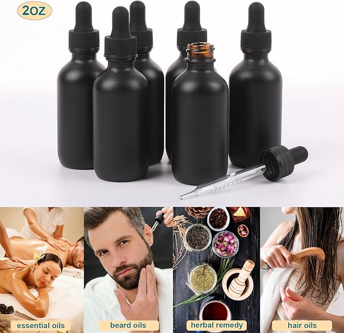 NOOEEISS 2oz Glass Dropper Bottle,Preety Texture Tincture Bottles with Precise Scales Eye Droppe,for All Kinds Of Mixed Liquids,Leak-Proof Design for Easy Travel (Black Frosted-24Pack)