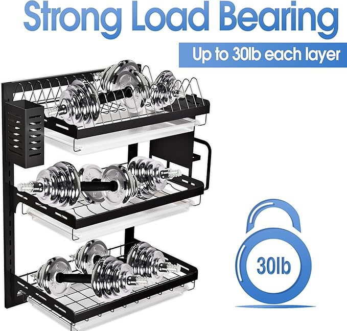 3 Tier Large Wall Mounted Dish Drainer, Stainless Steel Dish Rack, Dish Drying Rack for Kitchen with Utensil Organizer (Black)