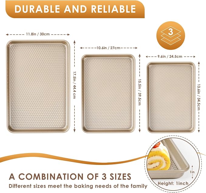 Baking Sheet Pan Set of 3, Nonstick Carbon Steel Cookie Sheets with Texture | Commercial Half/Quarter/Jelly Roll Pans Replacement Toaster Oven Tray, Heavy Duty & Easy Clean