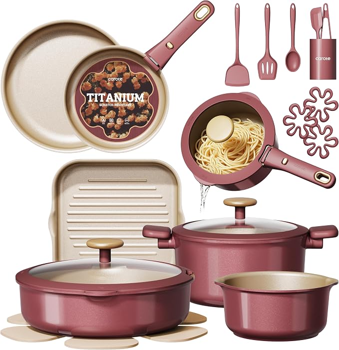 CAROTE 26 Pcs Pots and Pans Set, Nonstick Cookware Sets with Detachable Handle, Titanium Reinforced, Oven Safe, Cookware Non Stick Cooking Set w/Frying Pans & Saucepans Red(PFOS, PFOA Free)