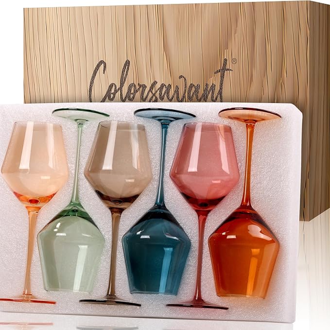 Colored Wine Glasses Set of 6-16OZ Colorful Wine Glass with Stem【HandBlown】 Muted Wine Glasses Colored Set,Wine Gifts for Mothers Day